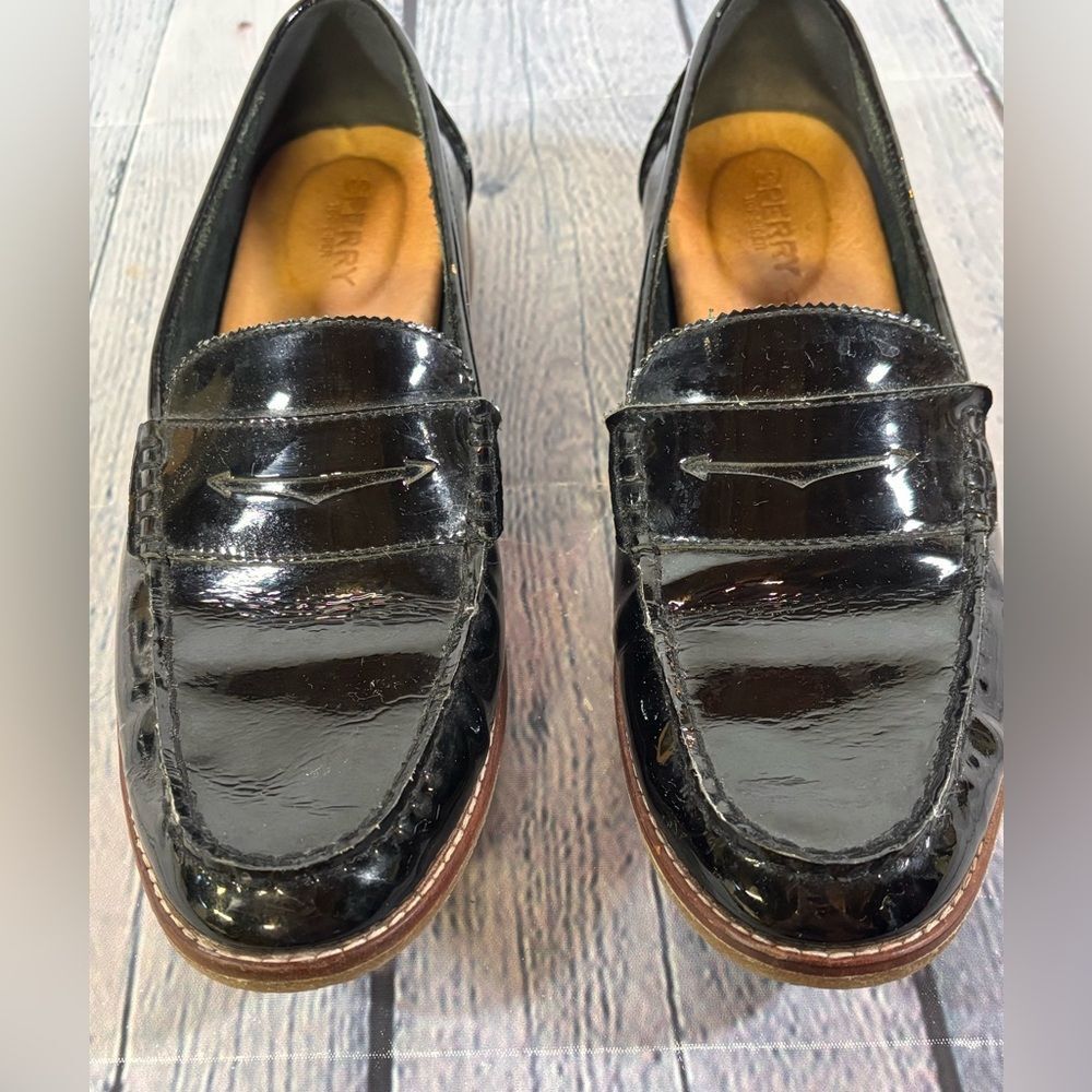 Sperry Top Sider Seaport Preppy Penny Loafers Black Patent Leather Shoes 9.5